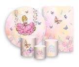 Kit 2 Painéis De Festa + Trio De Capas Cilindro - Jardim Com Princesa Loira 009 Kit 2 Painéis De Festa + Trio De Capas Cilindro - Jardim Com Princesa Loira 009