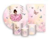 Kit 2 Painéis De Festa + Trio De Capas Cilindro - Jardim Com Princesa no Balanço 008 Kit 2 Painéis De Festa + Trio De Capas Cilindro - Jardim Com Princesa no Balanço 008