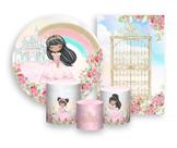Kit 2 Painéis De Festa + Trio De Capas Cilindro - Jardim Rosa Aquarela De Princesa 019 Kit 2 Painéis De Festa + Trio De Capas Cilindro - Jardim Rosa Aquarela De Princesa 019
