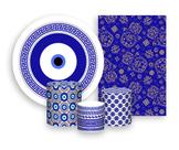 Kit 2 Painéis De Festa + Trio De Capas Cilindro - Olho Grego Azul com Dourado 002