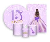 Kit 2 Painéis De Festa + Trio De Capas Cilindro - Princesa 15 Anos Efeito Glitter Lilás 063 Kit 2 Painéis De Festa + Trio De Capas Cilindro - Princesa 15 Anos Efeito Glitter Lilás 063