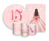 Kit 2 Painéis De Festa + Trio De Capas Cilindro - Princesa 15 Anos Efeito Glitter Rosa 065 Kit 2 Painéis De Festa + Trio De Capas Cilindro - Princesa 15 Anos Efeito Glitter Rosa 065