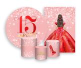 Kit 2 Painéis De Festa + Trio De Capas Cilindro - Princesa 15 Anos Efeito Glitter Vermelho 066 Kit 2 Painéis De Festa + Trio De Capas Cilindro - Princesa 15 Anos Efeito Glitter Vermelho 066
