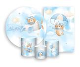Kit 2 Painéis De Festa + Trio De Capas Cilindro - Ursinho Aviador Aquarela Azul e Bege 026 Kit 2 Painéis De Festa + Trio De Capas Cilindro - Ursinho Aviador Aquarela Azul e Bege 026