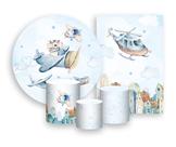 Kit 2 Painéis De Festa + Trio De Capas Cilindro - Ursinho Aviador Azul Aquarela 002