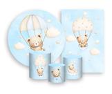 Kit 2 Painéis De Festa + Trio De Capas Cilindro - Ursinho Baloeiro Azul Paraquedas 030