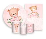 Kit 2 Painéis De Festa + Trio De Capas Cilindro - Ursinho Rosa Aquarela Florido 015