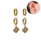 Kit 2 Pares Brinco Argola Pingente Trevo Cravejado Dourado