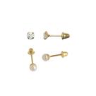 Kit 2 pares Brincos de Ouro 18K Pérola Natural e Pedra de 3mm - Meu Primeiro Brinco Recém Nascida