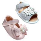 Kit 2 Pares de Calçados Bebê Menina Recem Nascido Laço, Pérolas e Flores