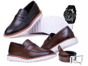Kit 2 pares de Sapato Oxford masculino Loafer Solado Tratorado Esporte Fino de Couro + cinto relógio