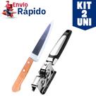 Kit 2 Peças Faca n6 de Cozinha Aço Inox Cabo de Madeira Com Afiador Amolador Salada Legumes Churrasco