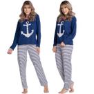 KIT 2 Pijama Longo Malha Estampa Âncora Vekyo Confortavel Roupa Para Inverno Linha Noite Feminina