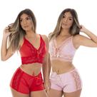 Kit 2 Pijamas Baby Dolls Microfibra Renda Short Top Kit 2 Pijamas Baby Dolls Microfibra Renda Short Top