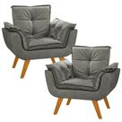 Kit 2 Poltrona Decorativa Gran Opala Suede Cinza para Sala de Estar Luxo Escritório Quarto