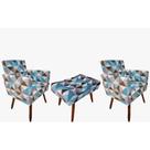 Kit 2 Poltrona Decorativa Nina C/R + Puff Banqueta Retangular Triângulo Azul