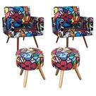 Kit 2 Poltrona Nina Sem Rodape + 2 puff Redondo Romero Brito(Bicho)