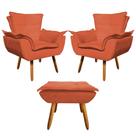 Kit 2 Poltrona + Puff Opala Cadeira Retro Consultório Recepção Salão Sala de Estar Decorativa King Lar Suede Laranja