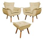 Kit 2 Poltrona+puff Opala Cadeira Retro Suede Bege