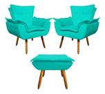 Kit 2 Poltrona+puff Opala Recepção Salão Suede Azul Turquesa