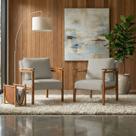 Kit 2 Poltrona Sala Decorativa Dallas Estofada Linho Bege Base Madeira Castanho