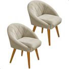 Kit 2 Poltrona Sala Decorativa Louis Veludo Bege Pés Palito Castanho