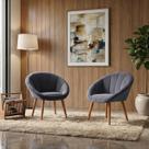 Kit 2 Poltrona Sala Decorativa Sofia Veludo Cinza Pés Palito Castanho