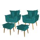 kit 2 Poltronas+2 Puff Opala Decorativo para Sala e Recepção Suede Azul Turquesa