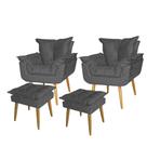 kit 2 Poltronas+2 Puff Opala Pé Palito Suede Cinza Imperial