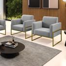 Kit 2 Poltronas Base Industrial Alta Dourado Marisa Suede Cinza