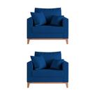 Kit 2 Poltronas Beny Decorativa com 2 Almofadas Veludo Azul Base em Madeira Maciça