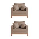 Kit 2 Poltronas Beny para Recepção com 2 Almofadas Veludo Bege Base em Madeira Maciça