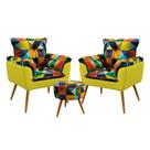 Kit 2 Poltronas Beta com Puff Solar Suede Estampado Colorido com Amarelo Aradecor