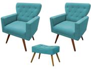 Kit 2 Poltronas Decorativa Aurora + 1 Puff Retangular Suede Azul Turquesa Pés Madeira Ms Decor