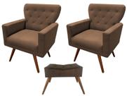 Kit 2 Poltronas Decorativa Aurora + 1 Puff Retangular Suede Marrom Pés Madeira Ms Decor