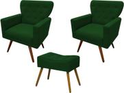 Kit 2 Poltronas Decorativa Aurora + 1 Puff Retangular Suede Verde Pés Madeira Ms Decor