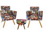 Kit 2 Poltronas Decorativa Bia + Puff Redondo Suede Coca-Cola Pés Madeira Ms Decor