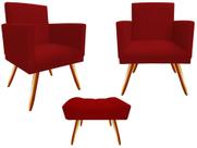 Kit 2 Poltronas Decorativa Bia + Puff Retangular Suede Vermelho Pés Madeira Ms Decor