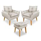 Kit 2 Poltronas Decorativa e Puff Opala Luxo Linho Bege Dal Poz Estofados