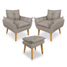 Kit 2 Poltronas Decorativa e Puff Opala Luxo Linho Cappuccino Dal Poz Estofados
