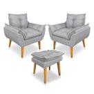 Kit 2 Poltronas Decorativa e Puff Opala Luxo Linho Cinza Dal Poz Estofados