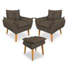 Kit 2 Poltronas Decorativa e Puff Opala Luxo Linho Marrom Dal Poz Estofados