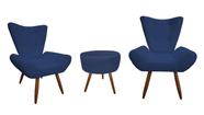 Kit 2 Poltronas Decorativa Emilia + Puff Redondo Suede Azul Marinho Pés Madeira Ms Decor