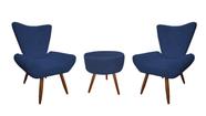 Kit 2 Poltronas Decorativa Emilia + Puff Redondo Suede Azul Marinho Pés Madeira Mz Decor