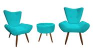 Kit 2 Poltronas Decorativa Emilia + Puff Redondo Suede Azul Turquesa Pés Madeira Ms Decor