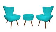 Kit 2 Poltronas Decorativa Emilia + Puff Redondo Suede Azul Turquesa Pés Madeira Mz Decor