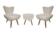 Kit 2 Poltronas Decorativa Emilia + Puff Redondo Suede Bege Pés Madeira Mz Decor