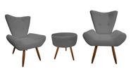 Kit 2 Poltronas Decorativa Emilia + Puff Redondo Suede Cinza Pés Madeira Ms Decor