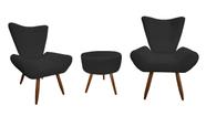 Kit 2 Poltronas Decorativa Emilia + Puff Redondo Suede Preto Pés Madeira Ms Decor