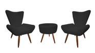 Kit 2 Poltronas Decorativa Emilia + Puff Redondo Suede Preto Pés Madeira Mz Decor